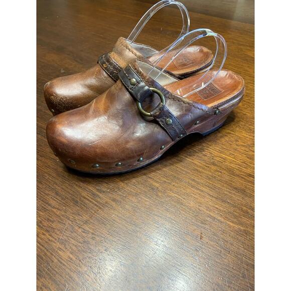 Frye Leather Clog Women 6 Boho Hippie Lagenlook Cottage Fringe Grunge Weathered - Picture 1 of 10